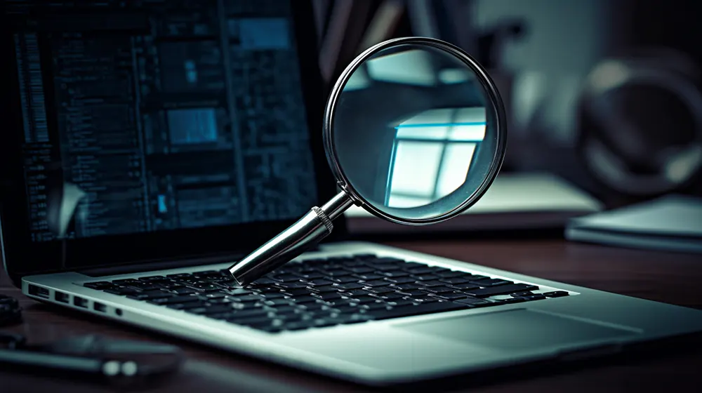 A magnifying glass on a laptop