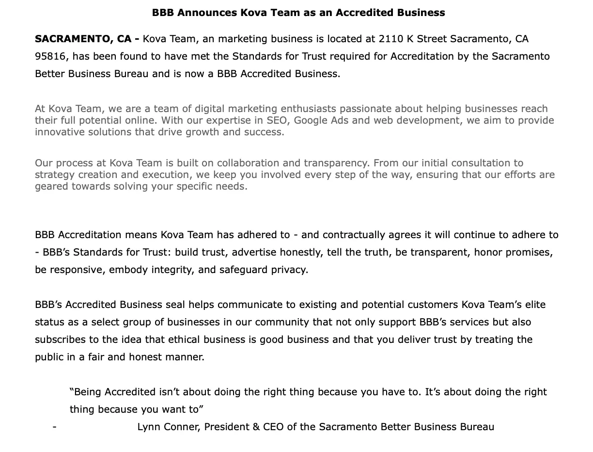 BBB annouces Kova Team as an Accredited Business