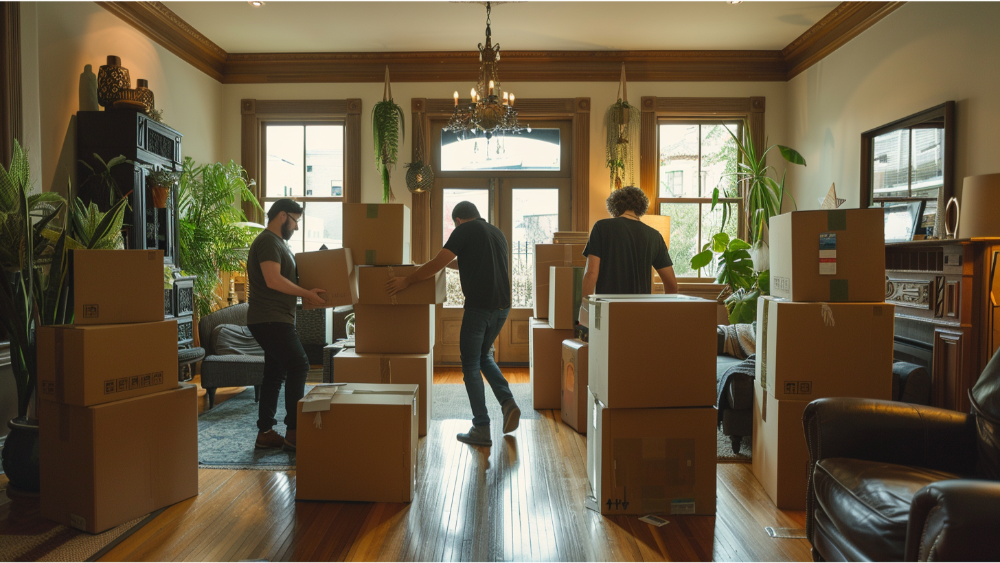 A team moving boxes for homeowners