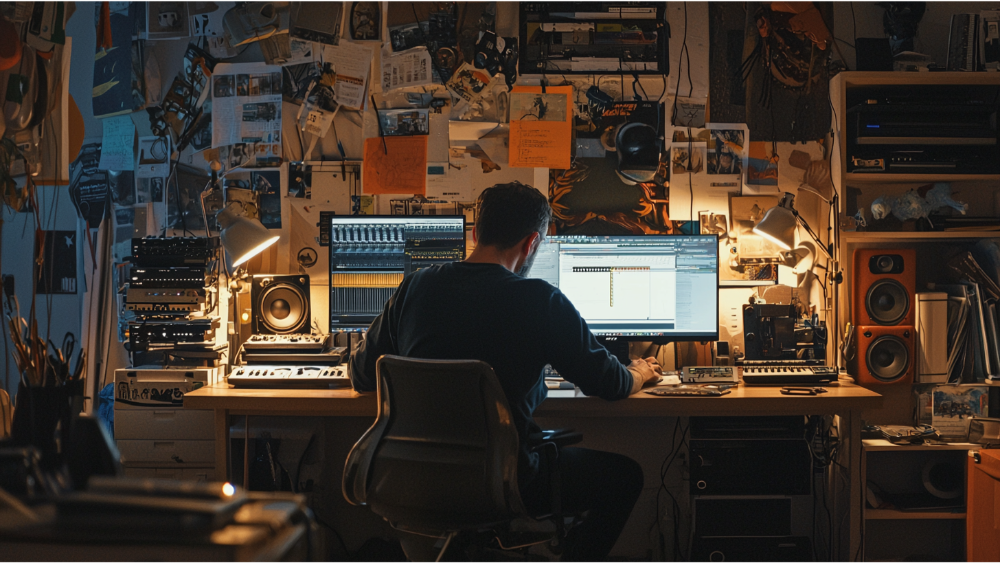 A man working at his desk set up