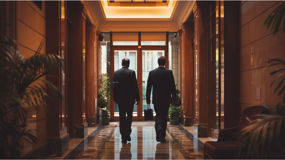 A lawyer and a client walking out