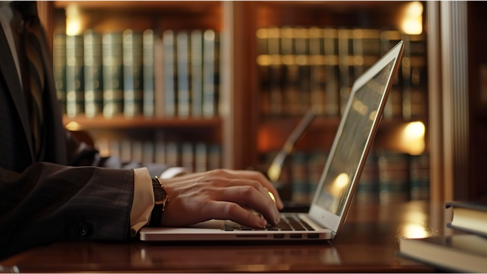 A man working on a laptop in a law firm