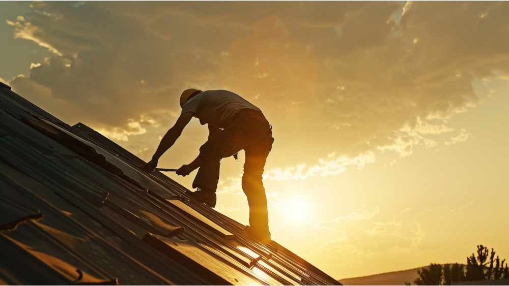 A roofer installing shingles