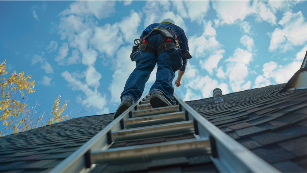 A roofer climbing a ladder