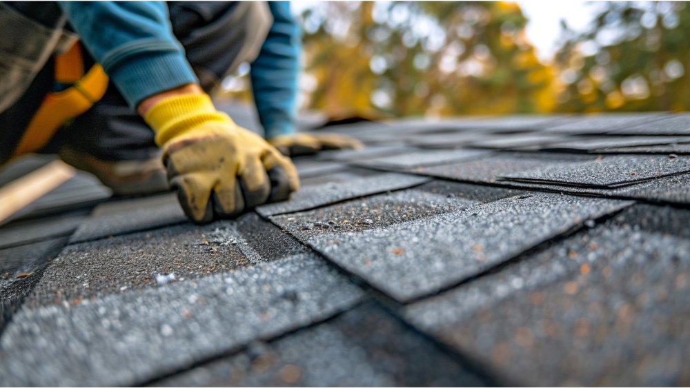 A roofer installing shingles