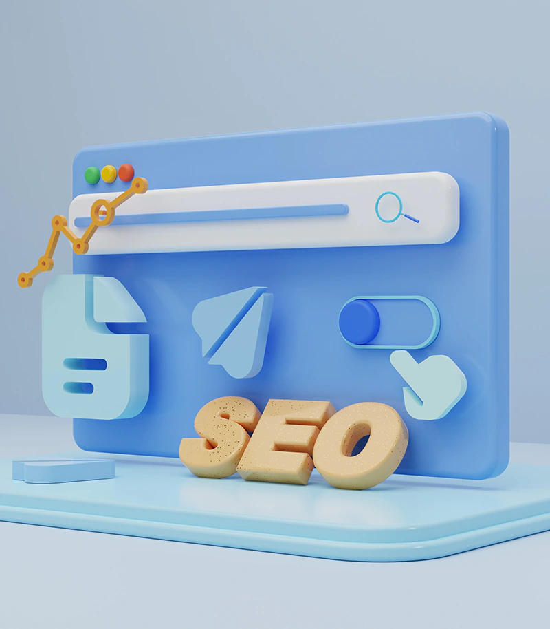 Animated design website with the letters SEO leaning up against it