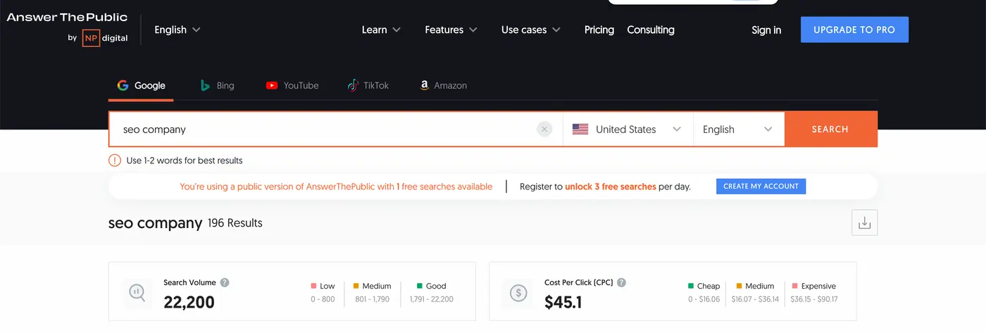 AnswerThePublic tool searched "seo company"