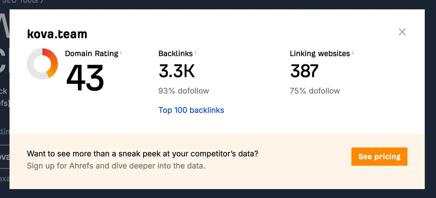Kova.team website authority score displayed by Ahrefs free website authority checker tool
