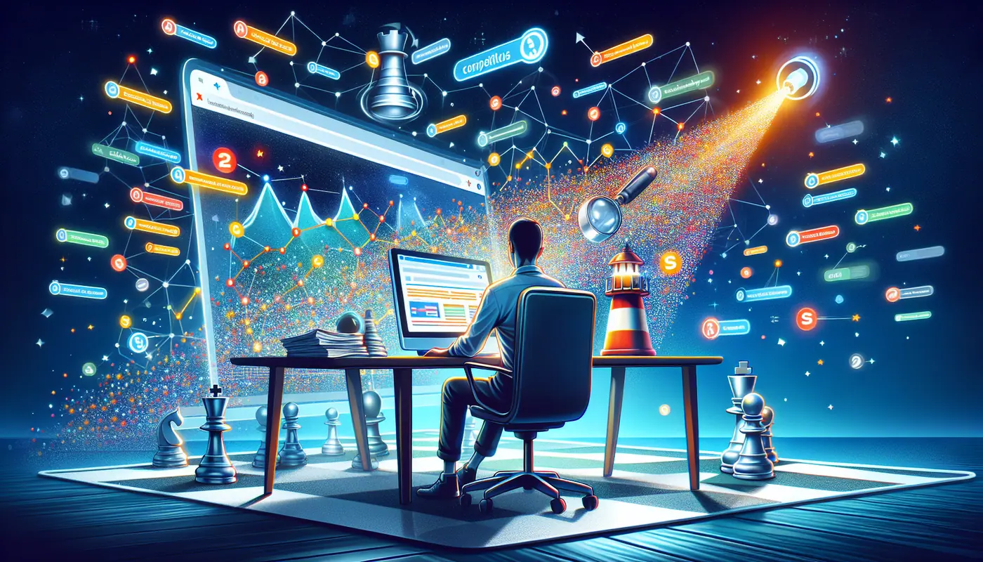 Illustration of a user conducting keyword research and competitor analysis using Semrush